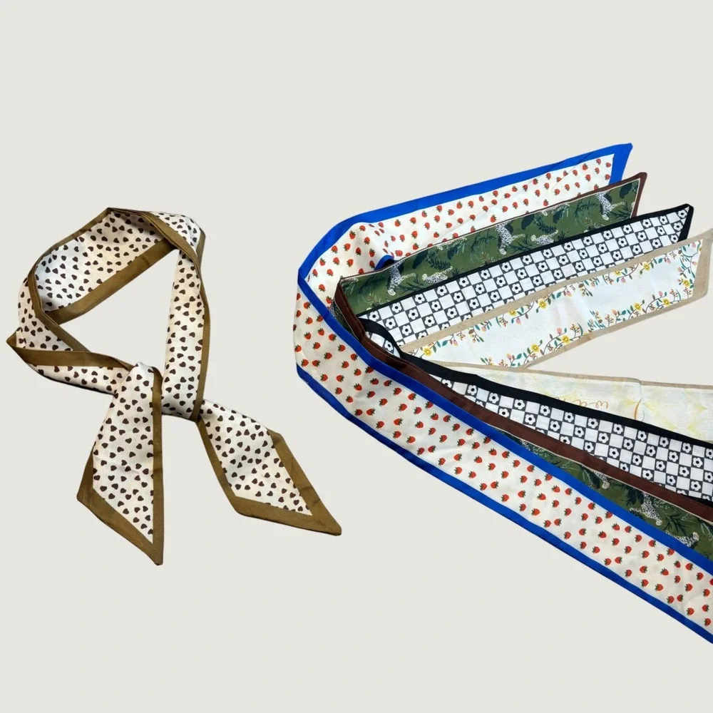 Women Skinny Scarf Set OS Multicolor Mixed Print Twilly Lot of 5 Bag Accessory